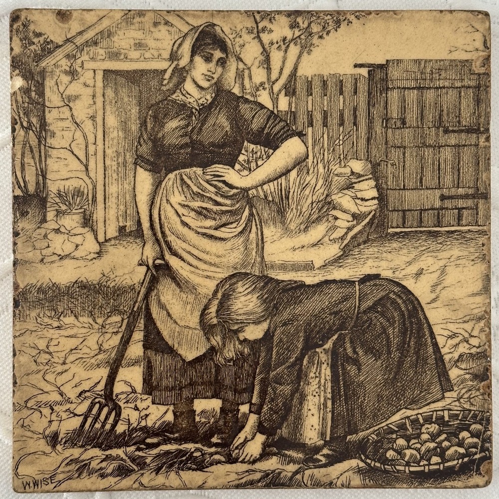 Victorian W. Wise "Village Life" Sepia Brown Mintons Tile Woman & Child Harvest